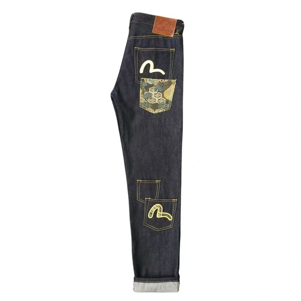 Evisu Dark Blue Straight Jeans with Yellow Patch Accents